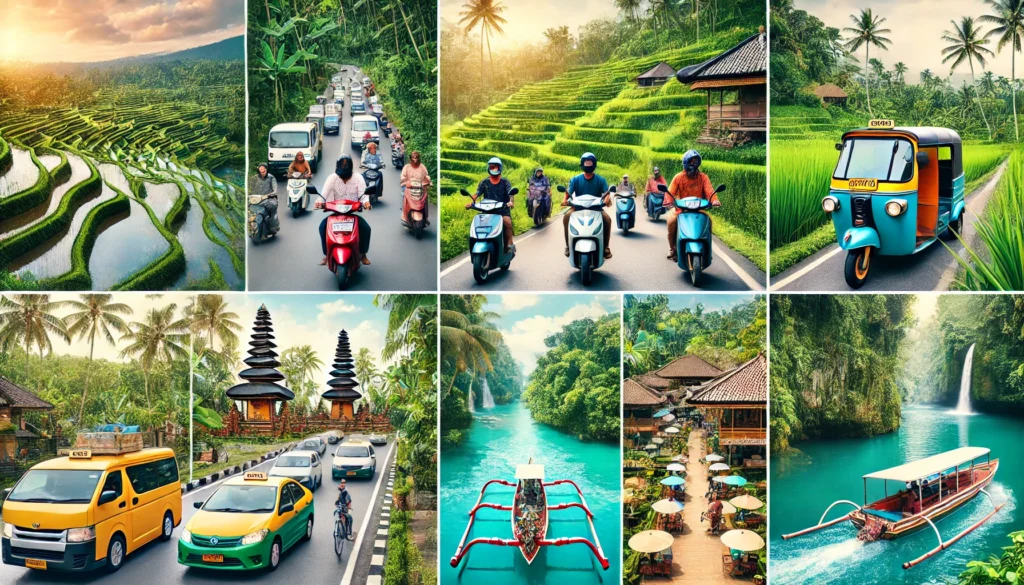 Divers moyens de transport à Bali, incluant les scooters, les taxis, les bateaux traditionnels et les vélos.