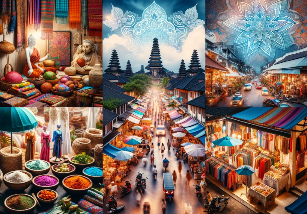 Scènes de shopping à Bali, incluant des marchés locaux vibrants avec des textiles colorés et des articles artisanaux, des boutiques à Seminyak, et des marchés de nuit avec des vendeurs de street food.