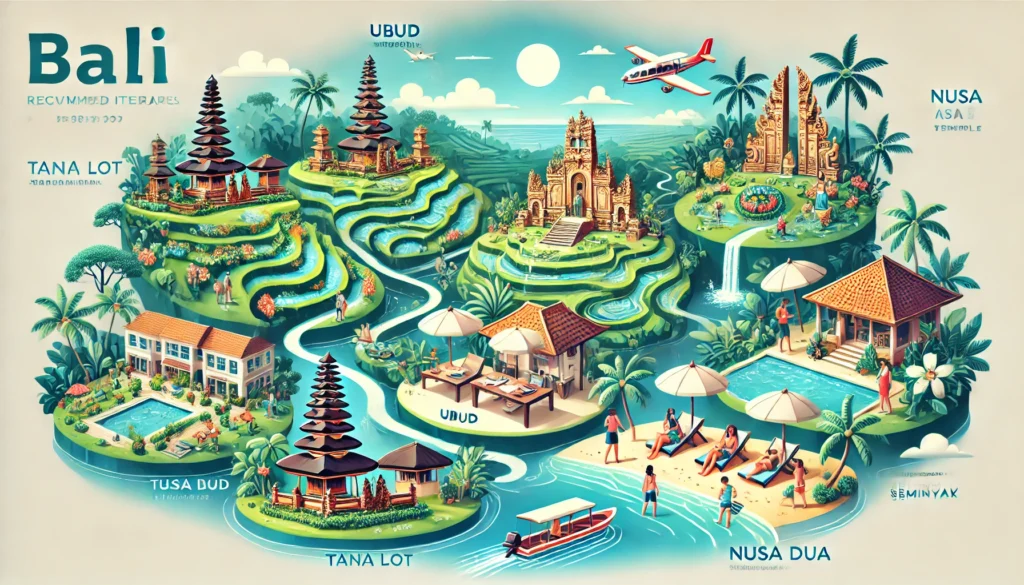 Suggestions d'itinéraires pour explorer Bali, incluant des visites de rizières à Ubud, du temple de Tanah Lot, des plages de Nusa Dua, et de la vie nocturne à Seminyak.