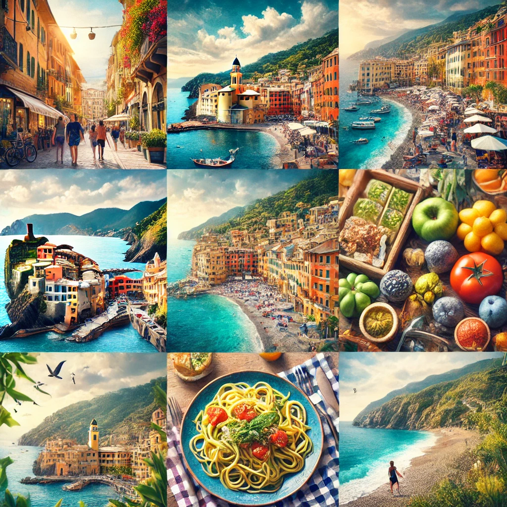 Un collage d'images de Vintimille, incluant une vue panoramique de la ville, le marché, les ruelles pavées, un plat de Trofie al Pesto, une famille sur la plage et un sentier de randonnée dans les Alpes Ligures.