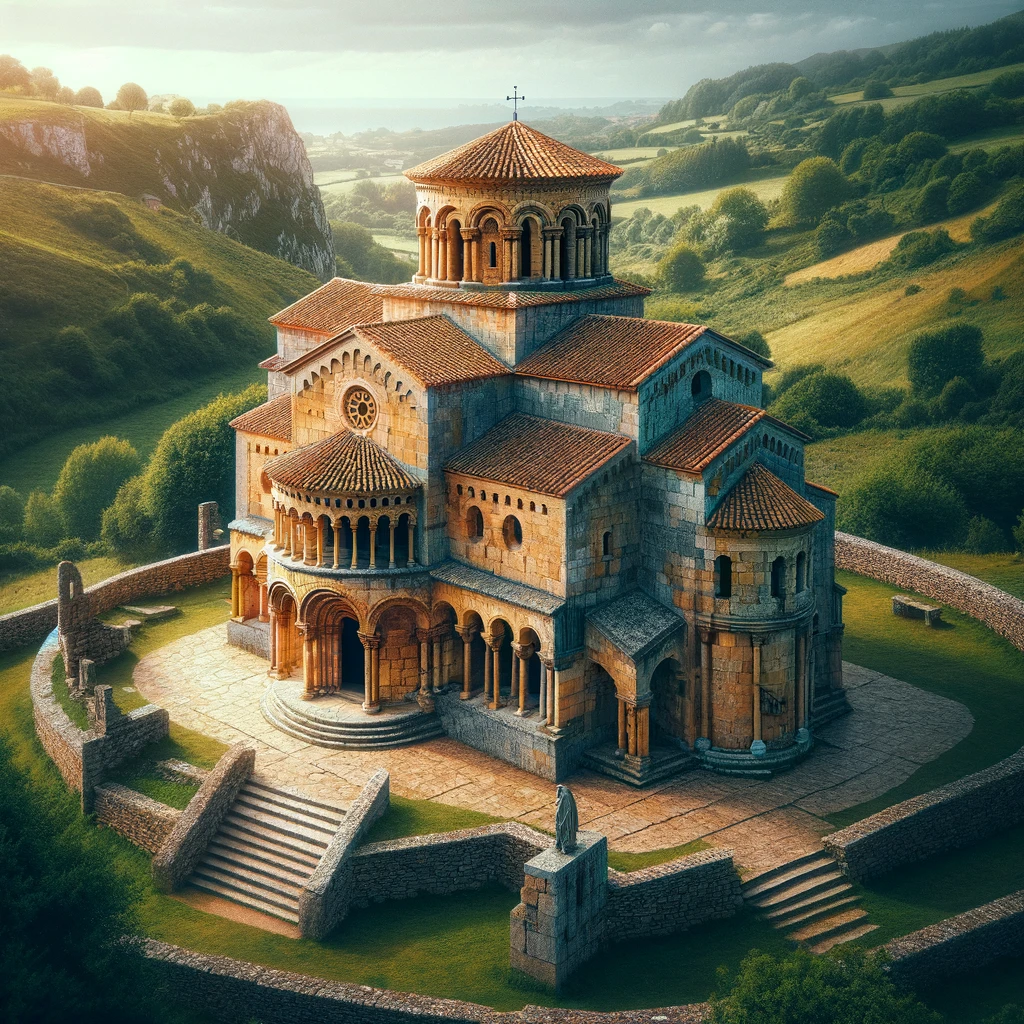 Vue détaillée de l'église préromane de Santa María del Naranco
Titre : Église de Santa María del Naranco