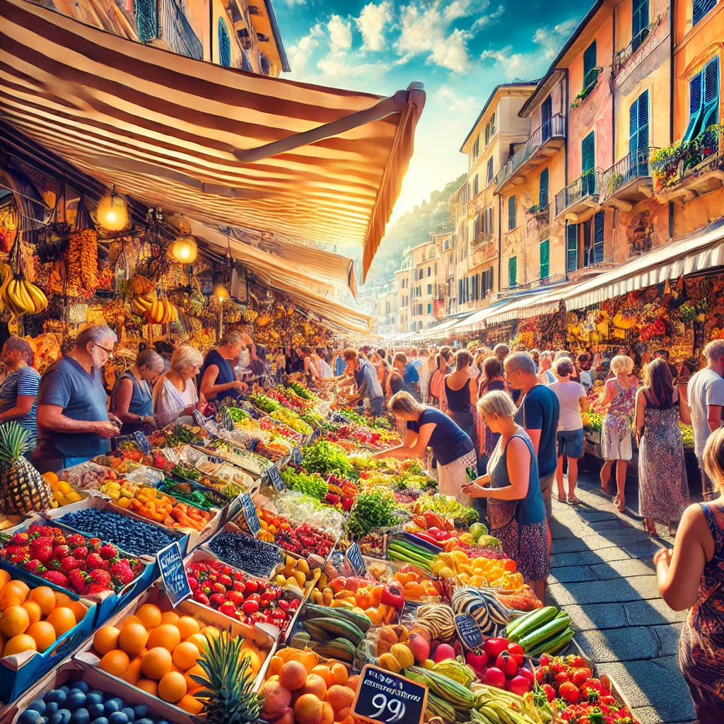 Les étals colorés du marché de Vintimille avec des fruits, légumes et produits locaux.