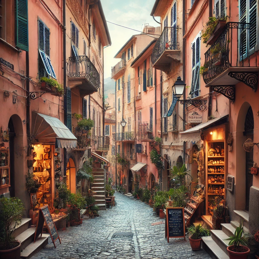 Les ruelles pavées et étroites de la vieille ville de Vintimille avec des maisons colorées.