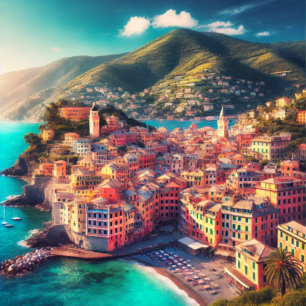 Vue panoramique de la ville de Vintimille avec ses maisons colorées et la mer Méditerranée en arrière-plan.