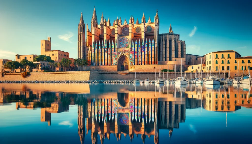 Une vue de la cathédrale La Seu de Palma de Majorque, avec ses vitraux colorés et son architecture gothique imposante, se reflétant dans l'eau de la baie sous un ciel bleu clair.