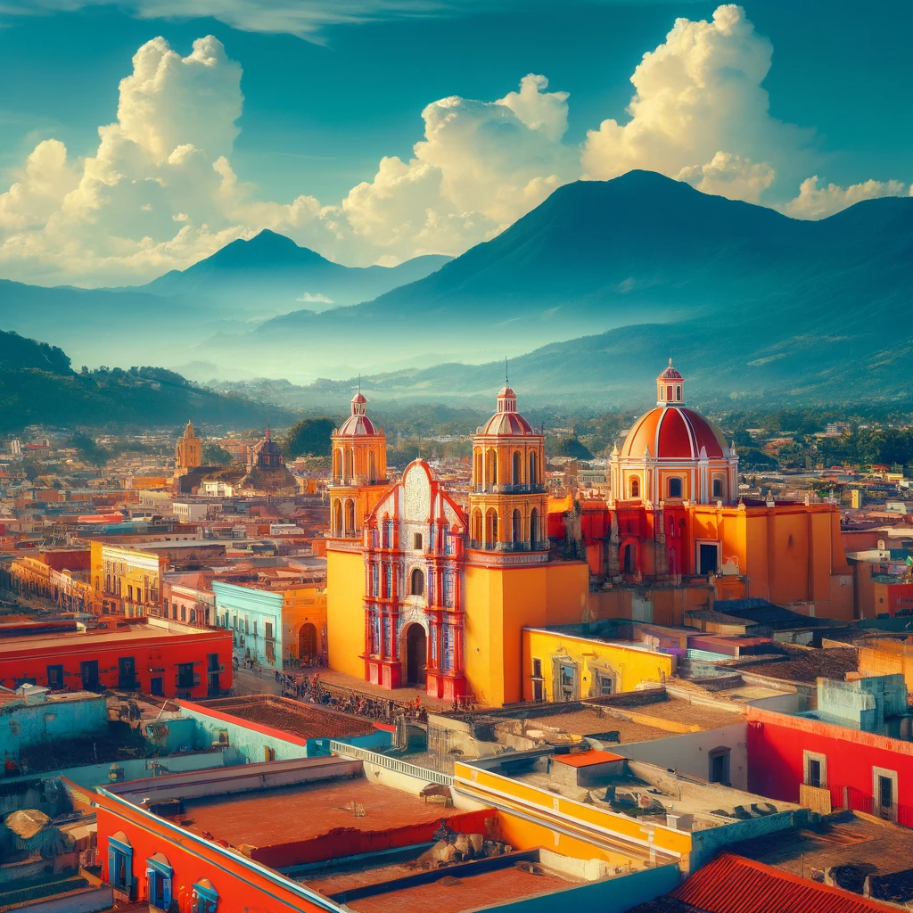  Illustration des bâtiments coloniaux et de la cathédrale de San Cristóbal de las Casas, Mexique.