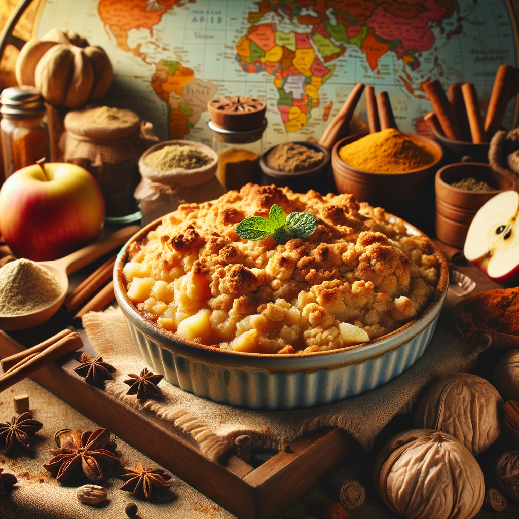 Un crumble aux pommes entouré de diverses épices et ingrédients, avec une carte du monde en arrière-plan.