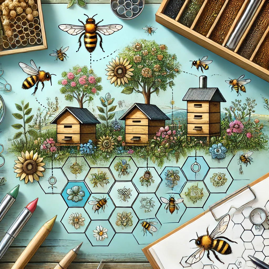 Un jardin avec des ruches et des fleurs mellifères