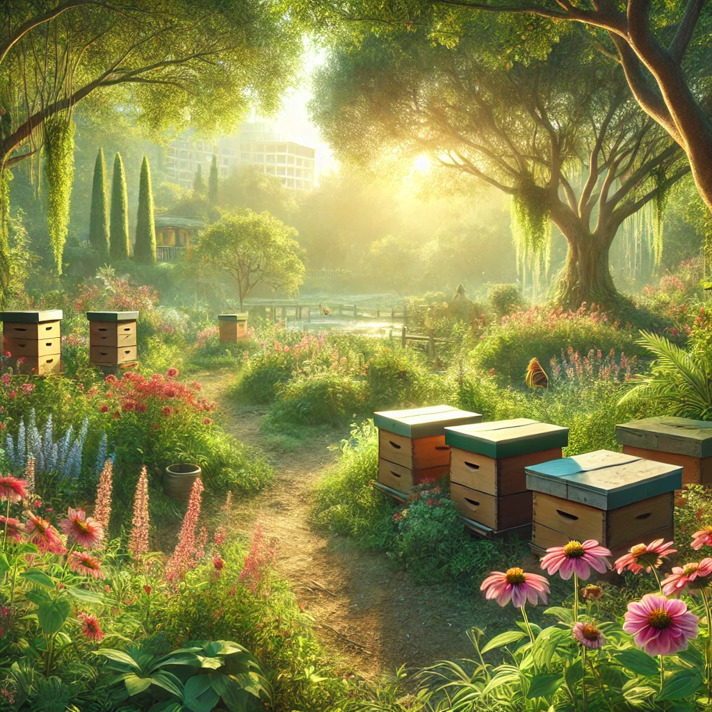 Un jardin luxuriant avec des ruches et des plantes en fleurs, illustrant l'importance de la conservation des abeilles et la beauté de la nature