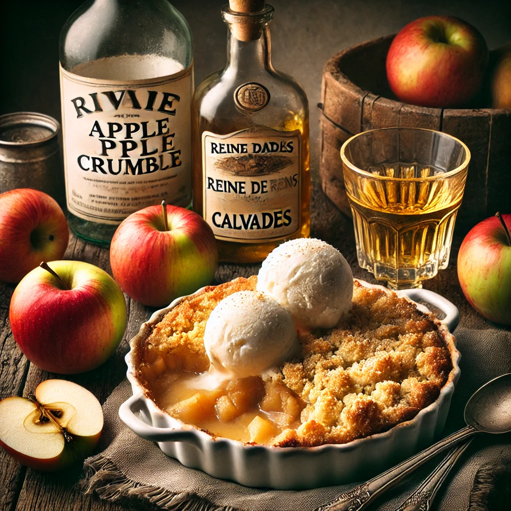 Un crumble aux pommes français, servi avec une boule de glace et des pommes Reine des Reinettes à côté.