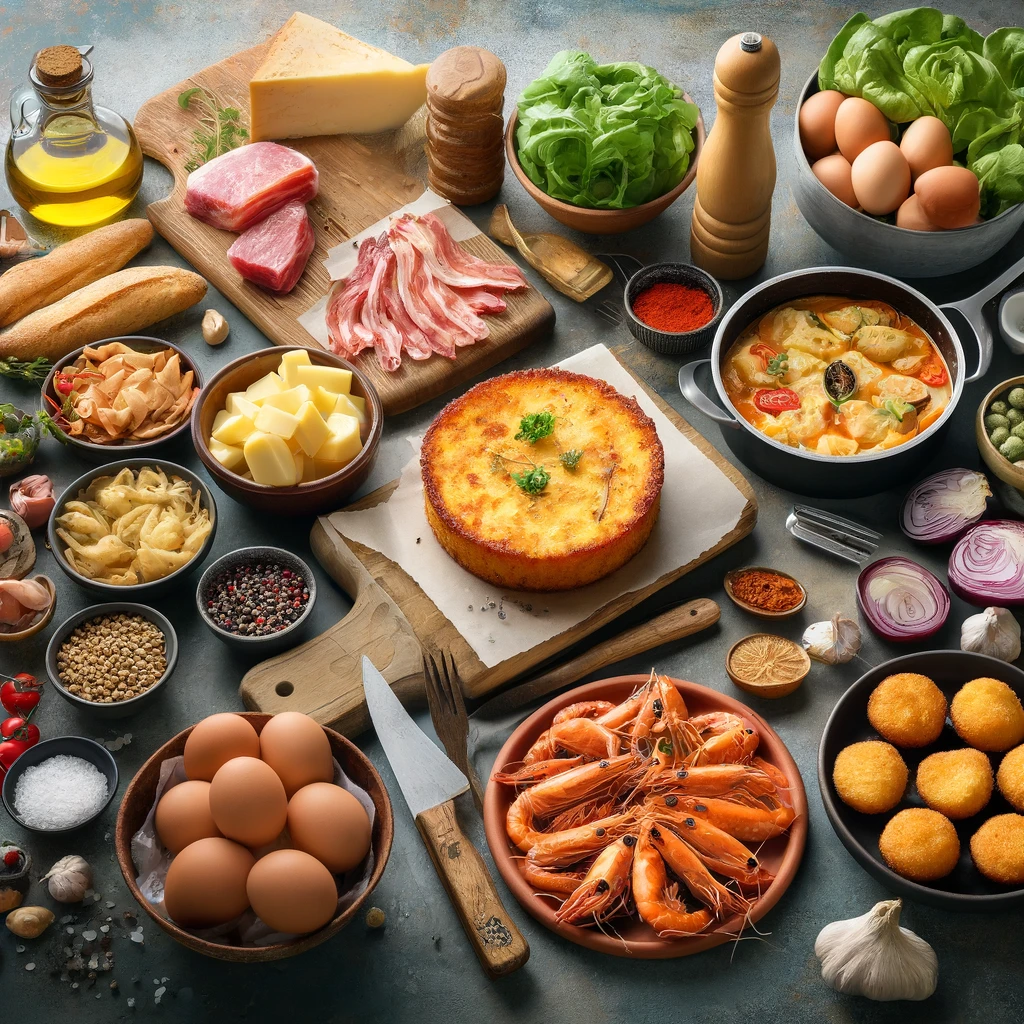 Une cuisine avec des ingrédients frais et des ustensiles de cuisine, où plusieurs recettes de tapas sont en préparation.