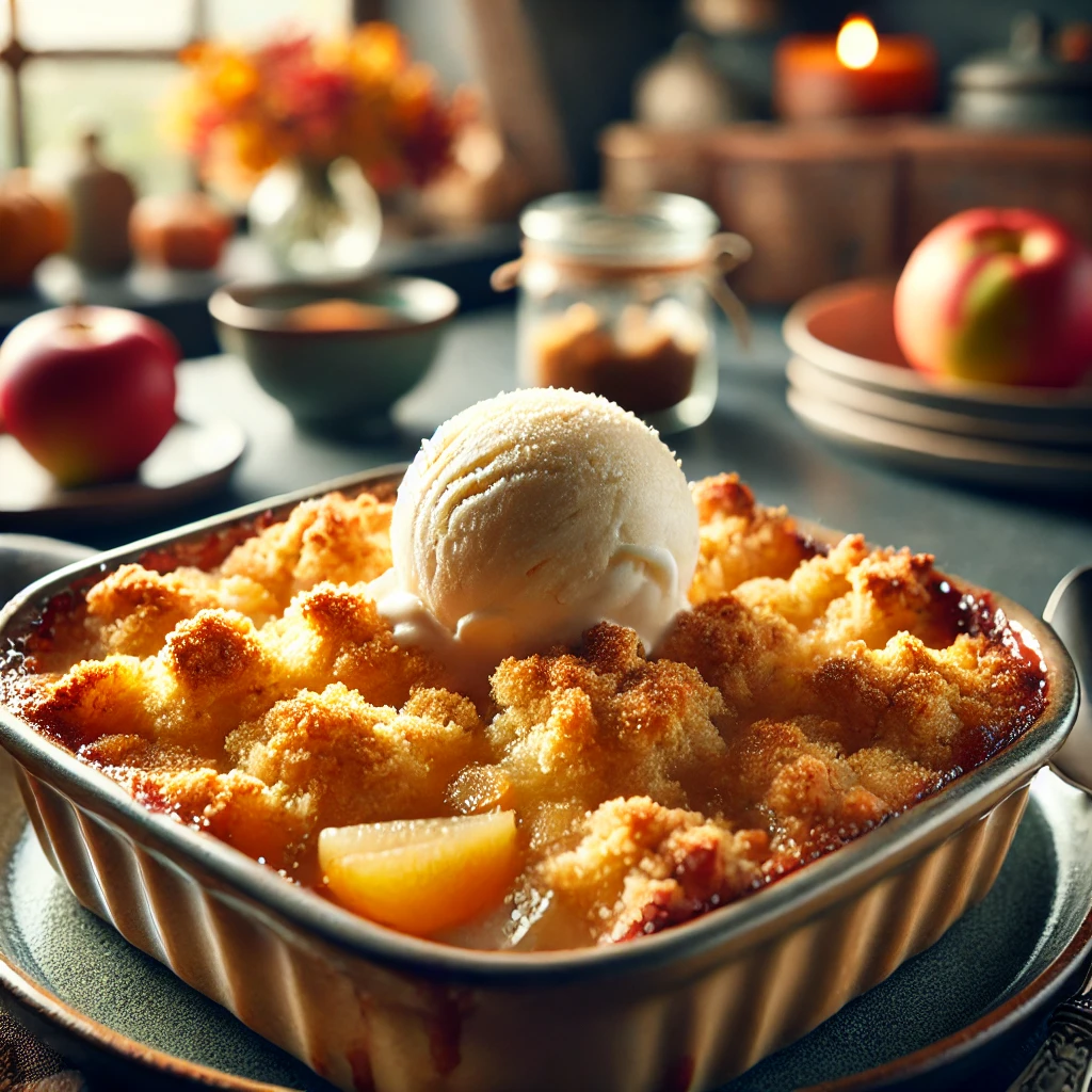 Un plat de crumble aux pommes doré et croustillant, garni d'une boule de glace à la vanille.