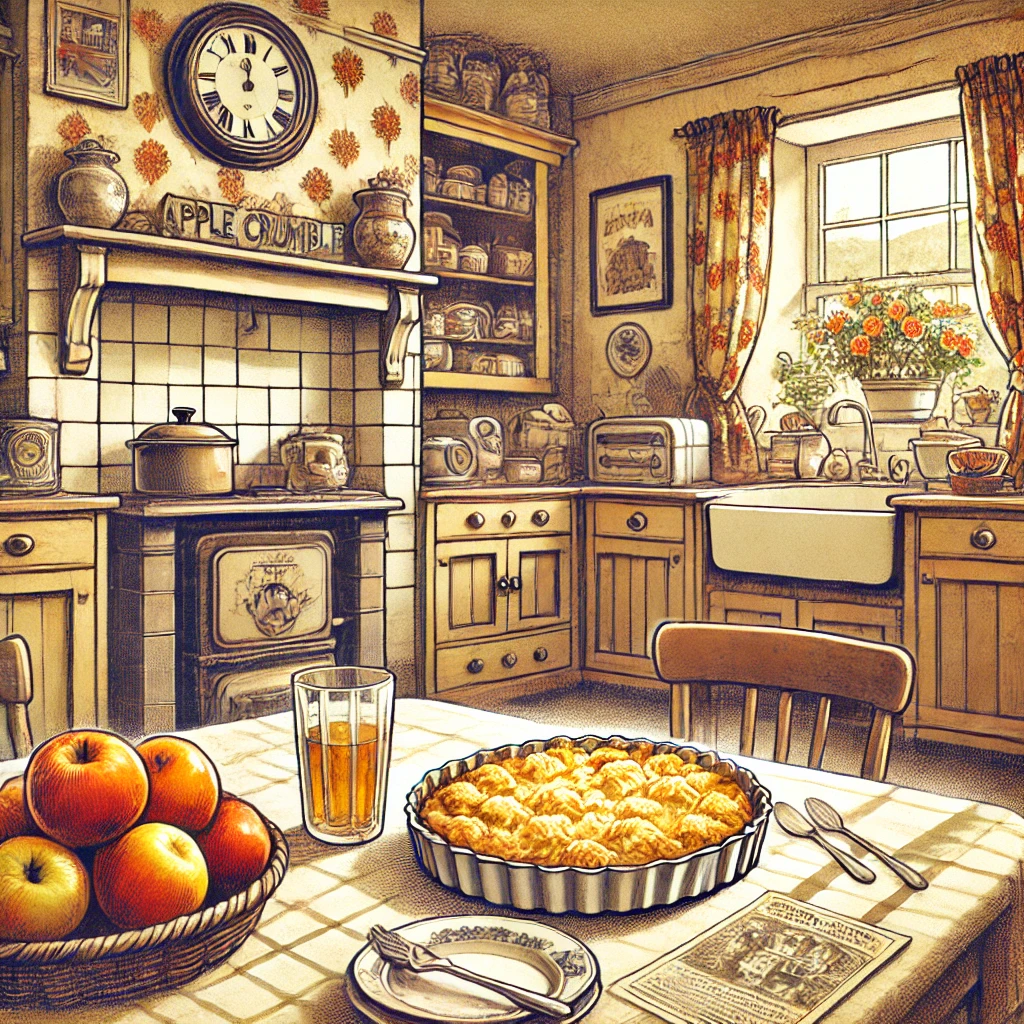Une illustration vintage montrant une cuisine britannique avec un crumble aux pommes sur la table.