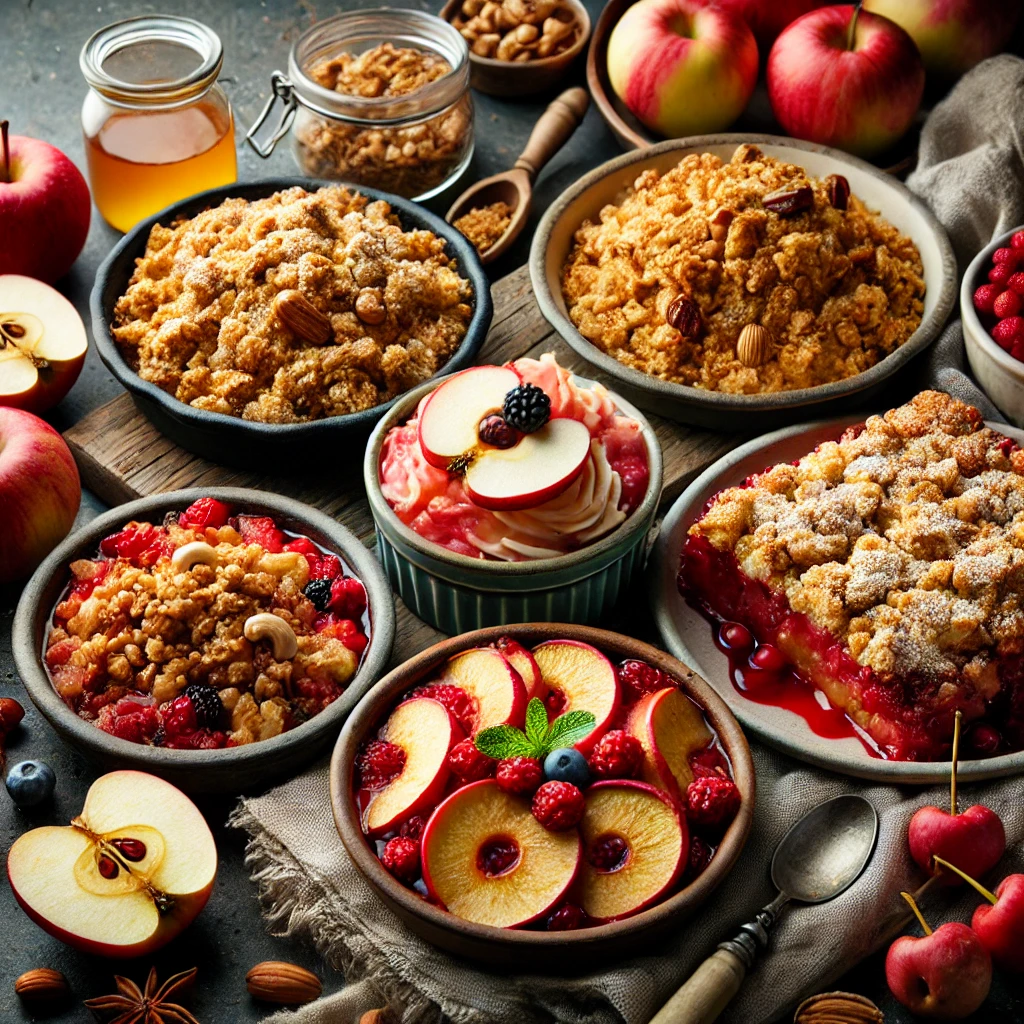 Différentes versions de crumble aux pommes, y compris des variantes avec des fruits rouges et des noix.