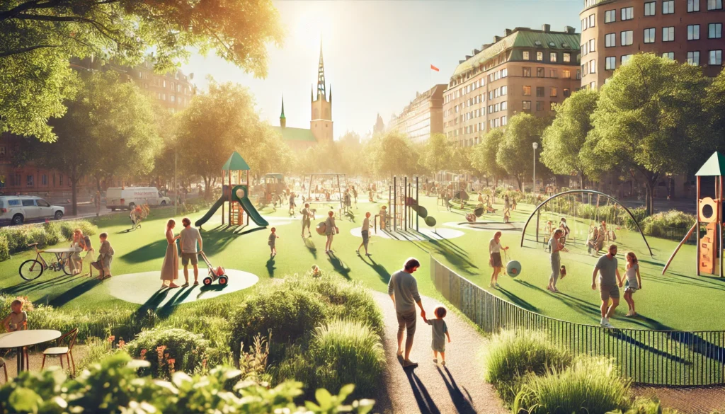 Une famille profitant d'une journée ensoleillée dans un parc de Stockholm