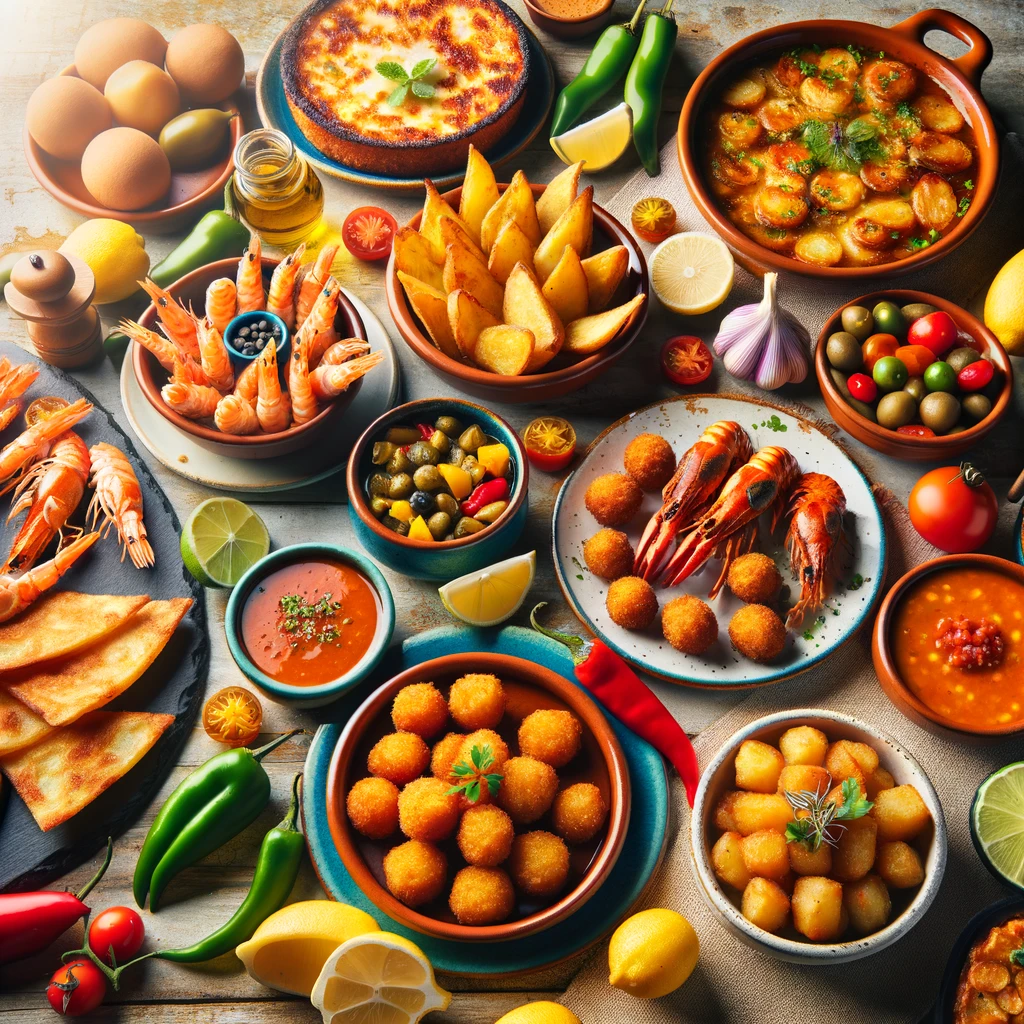 Une table remplie de différentes tapas colorées, incluant des patatas bravas, des croquetas, des gambas al ajillo, des pimientos de Padrón, et des tortillas de patatas.