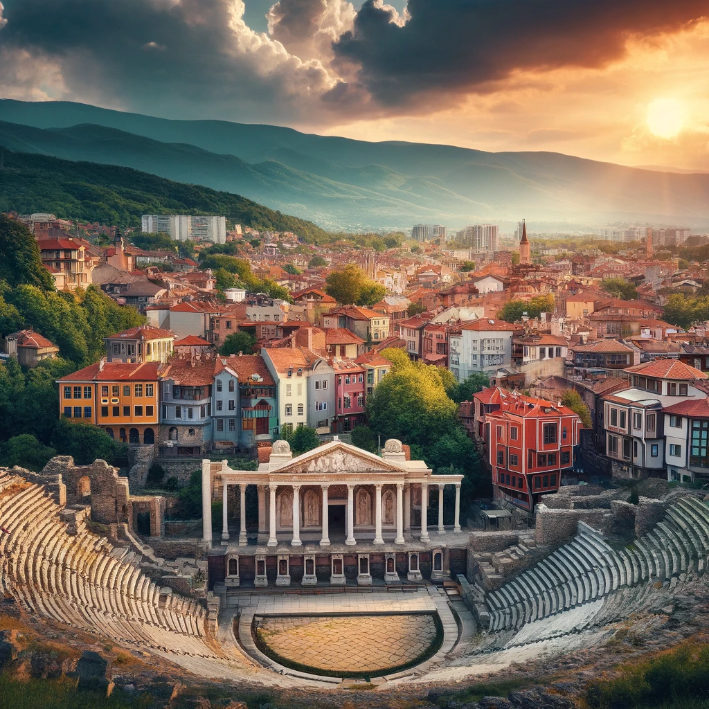  Illustration du théâtre romain et de la vieille ville de Plovdiv, Bulgarie