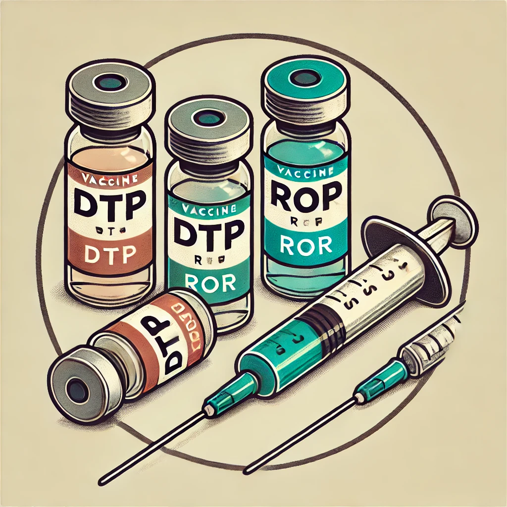 Seringues et flacons de vaccins avec des étiquettes "DTP" et "ROR".