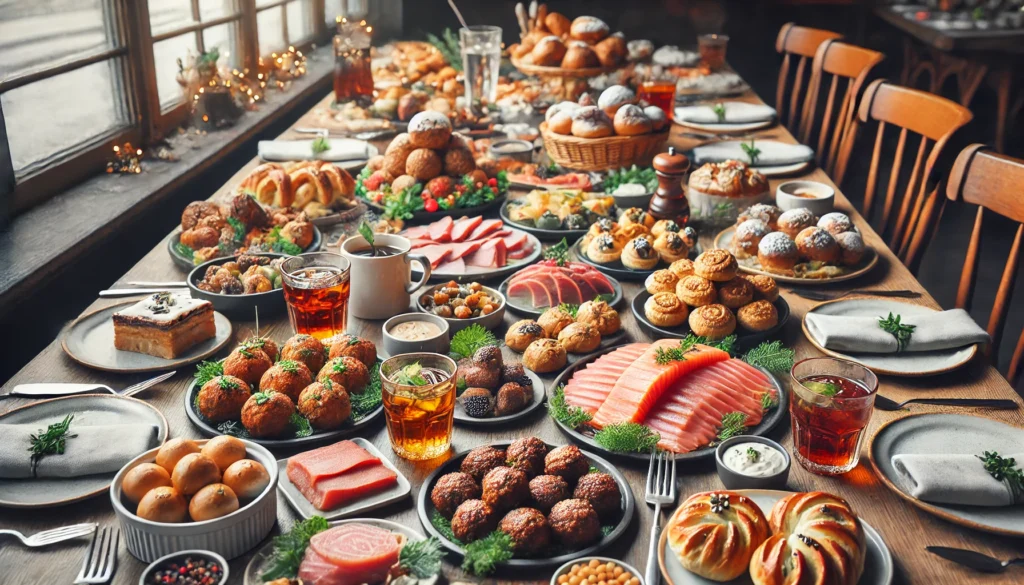 Un assortiment de plats traditionnels suédois dans un restaurant de Stockholm