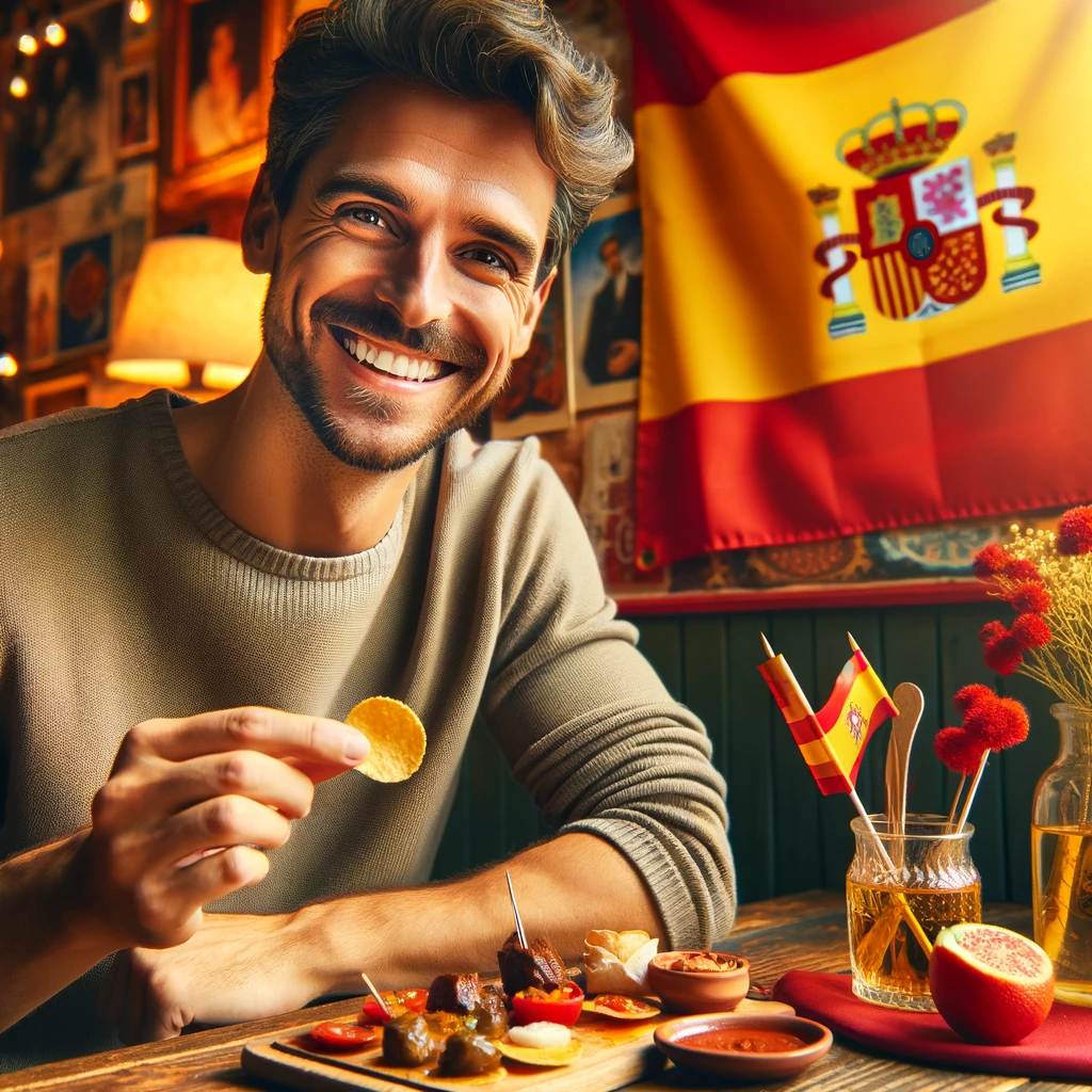 Un voyageur sympathique dégustant des tapas avec un large sourire, dans une ambiance chaleureuse et conviviale.