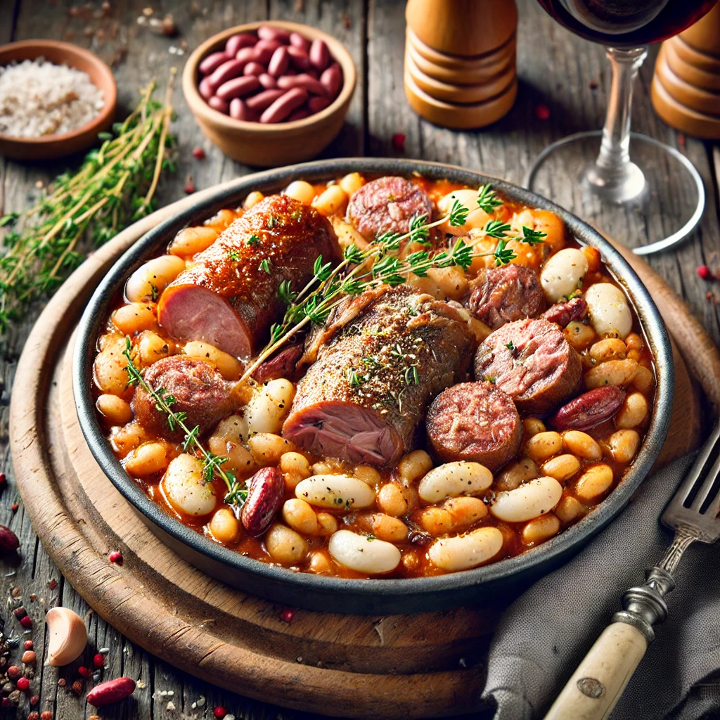 Assiette de cassoulet de Toulouse avec haricots blancs, saucisse de Toulouse et morceaux de confit de canard