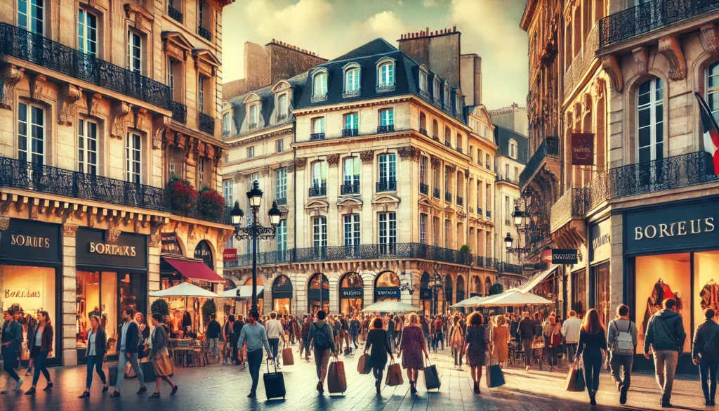Une rue commerçante animée à Bordeaux avec des boutiques et des cafés