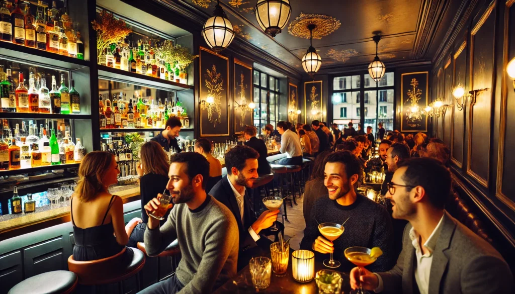 Un bar animé à Bordeaux la nuit avec des gens profitant de cocktails