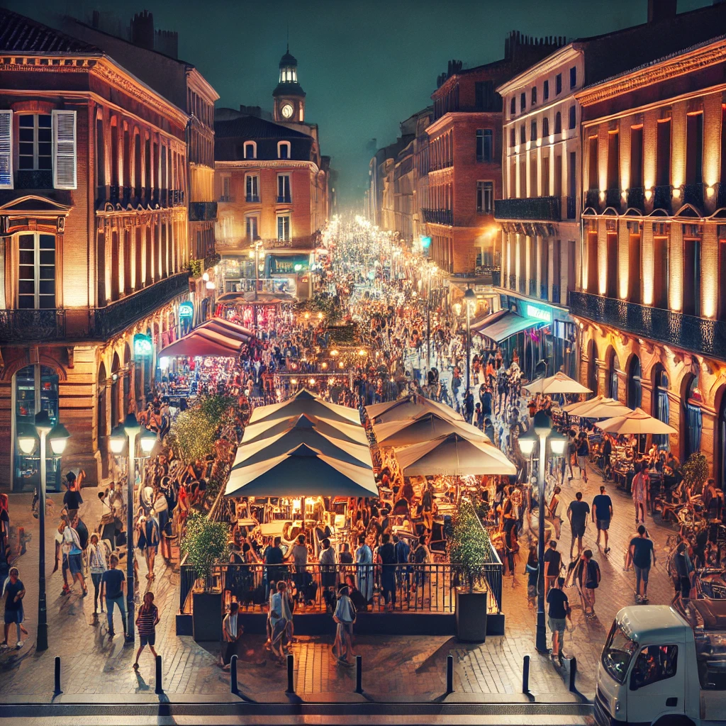 Scène nocturne à Toulouse avec des bars et des gens dansant