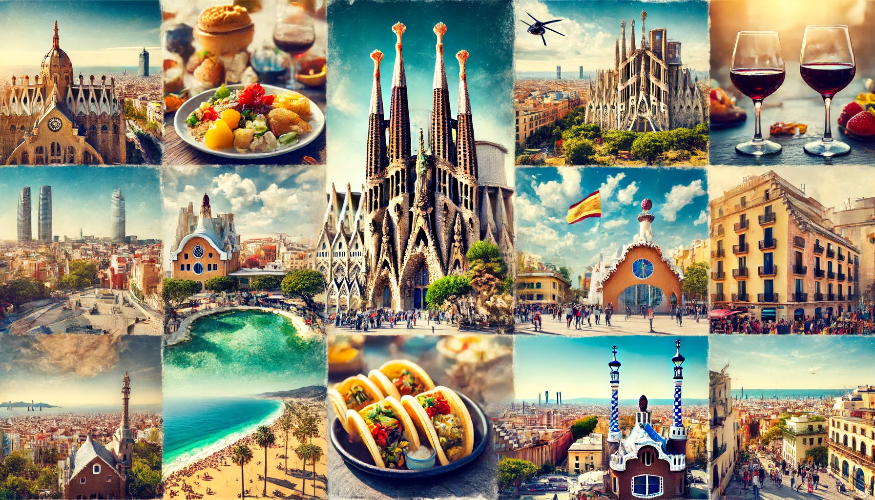 Collage des principaux sites et expériences de Barcelone, incluant la Sagrada Familia, le Parc Güell, La Rambla, les plages et les tapas.